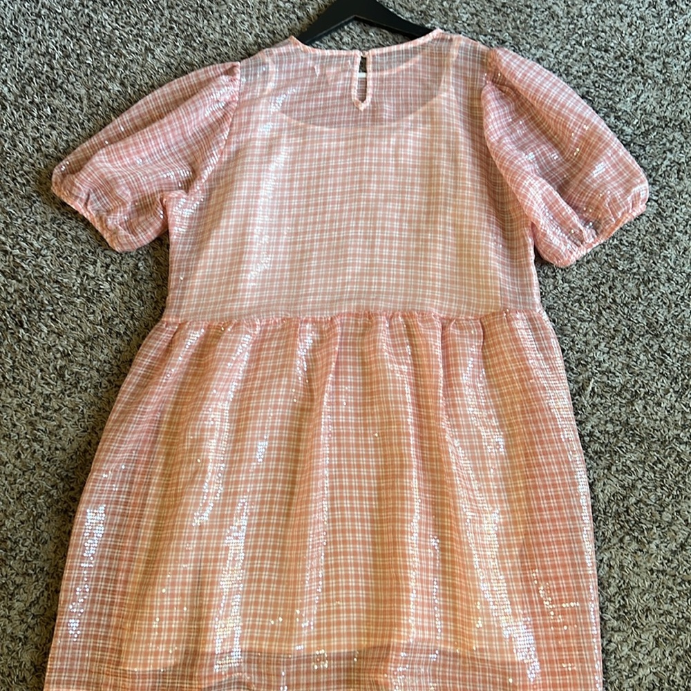 Peach Gingham Mini Dress with Puff Sleeves - Picture 12 of 16